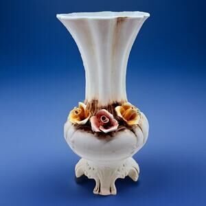 Capodimonte Vase Roses Yellow And Red Floral Footed 11” Tall Beautiful Vintage